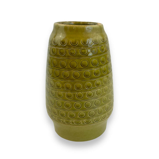 West German Pottery Vase - Stamped 657-14, Olive Green with Embossed Circle Design