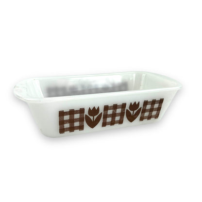 Glasbake Rectangle Bread Baking dish brown check tulip flower art decal