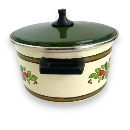 Enamel Double Handle Saucepan Orange Yellow Flowers Pot with green lid