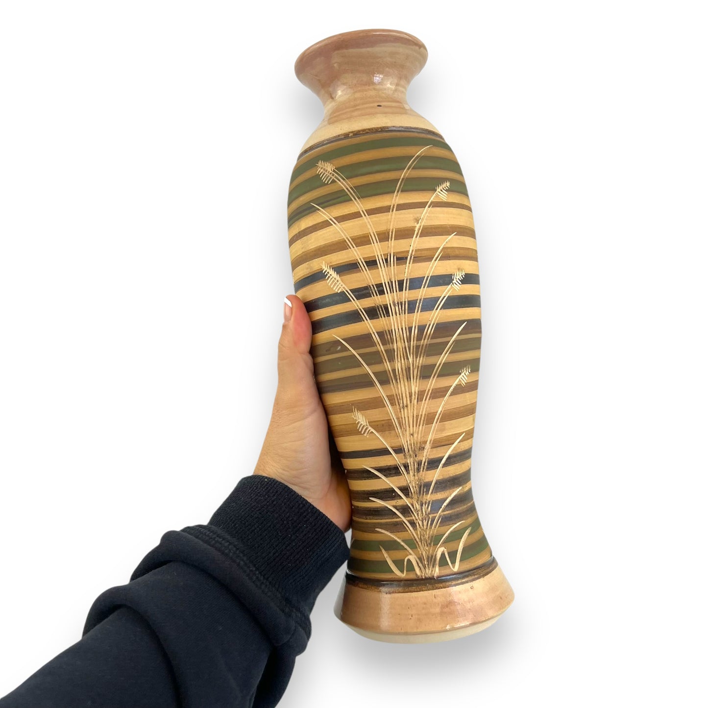 Striped pottery vase with grass etched design