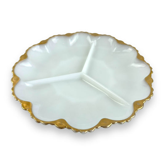 Milk Glass Divided Plate with Gold Trim - Scalloped Edge