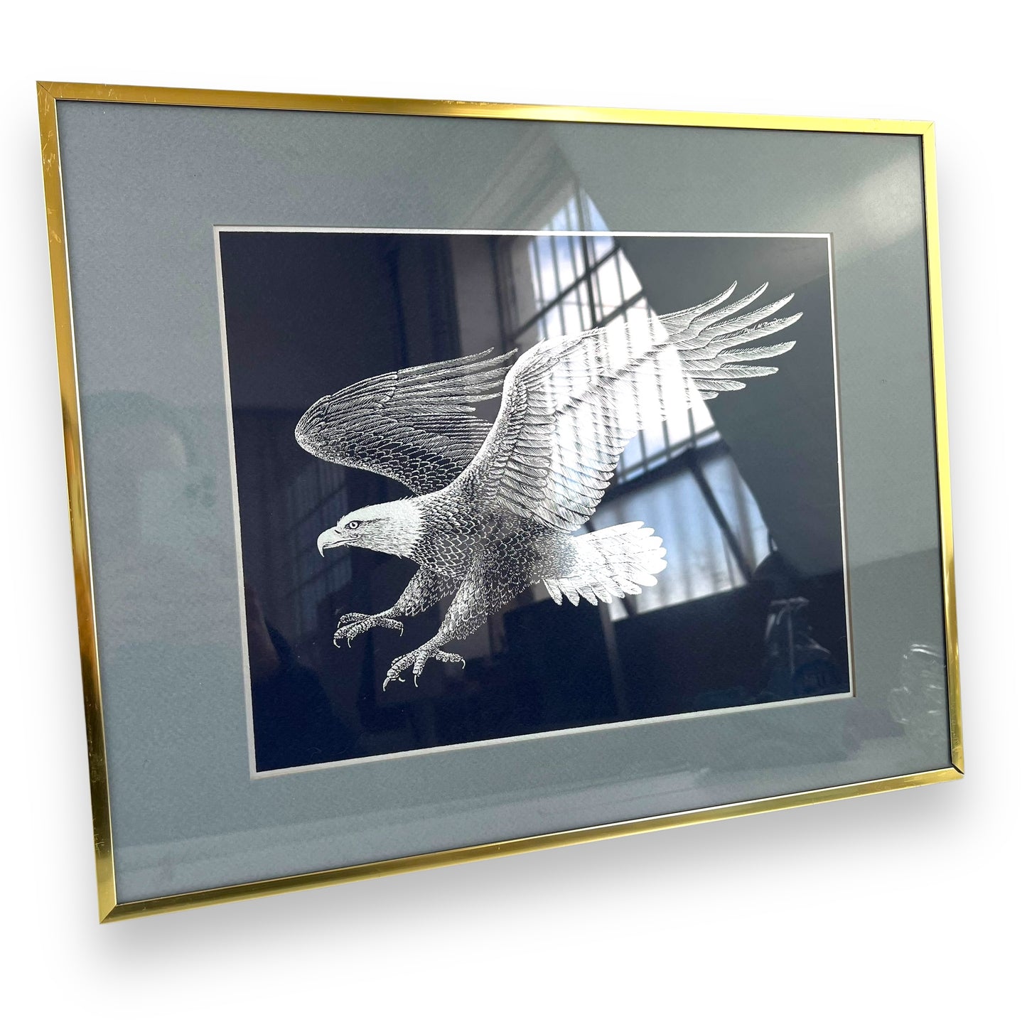 Silver Eagle on Blue Background in Brass Frame - Paul Breeden