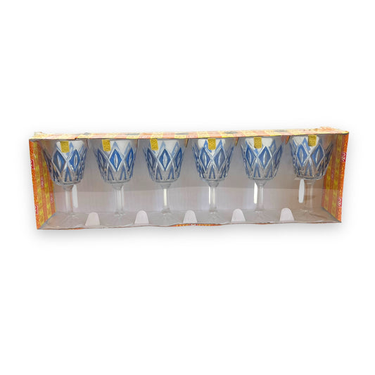 Blue Geometric Wine Glass Set of 6 in Original Box – Mid-Century Modern Style Drinkware