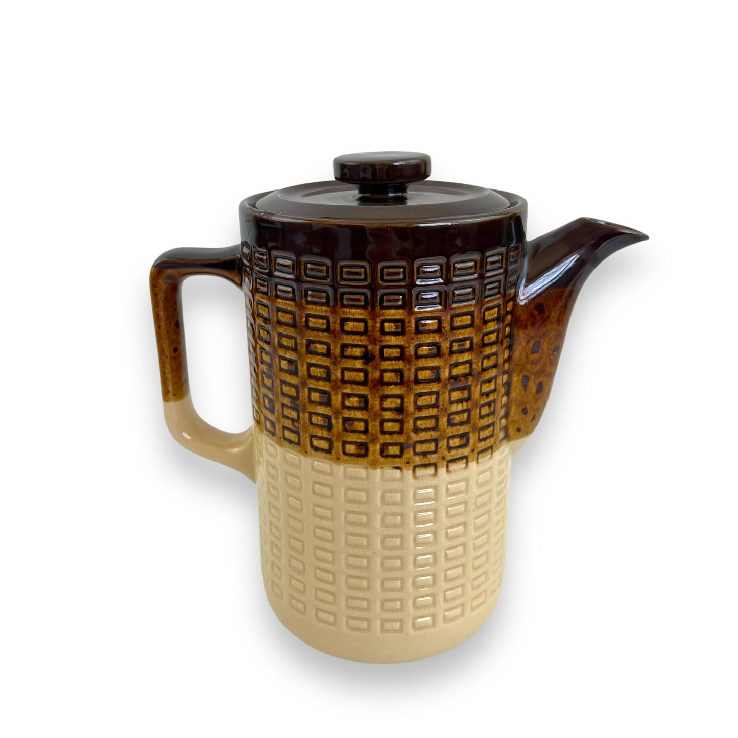 brown rectangle patterned tri colour brown teapot