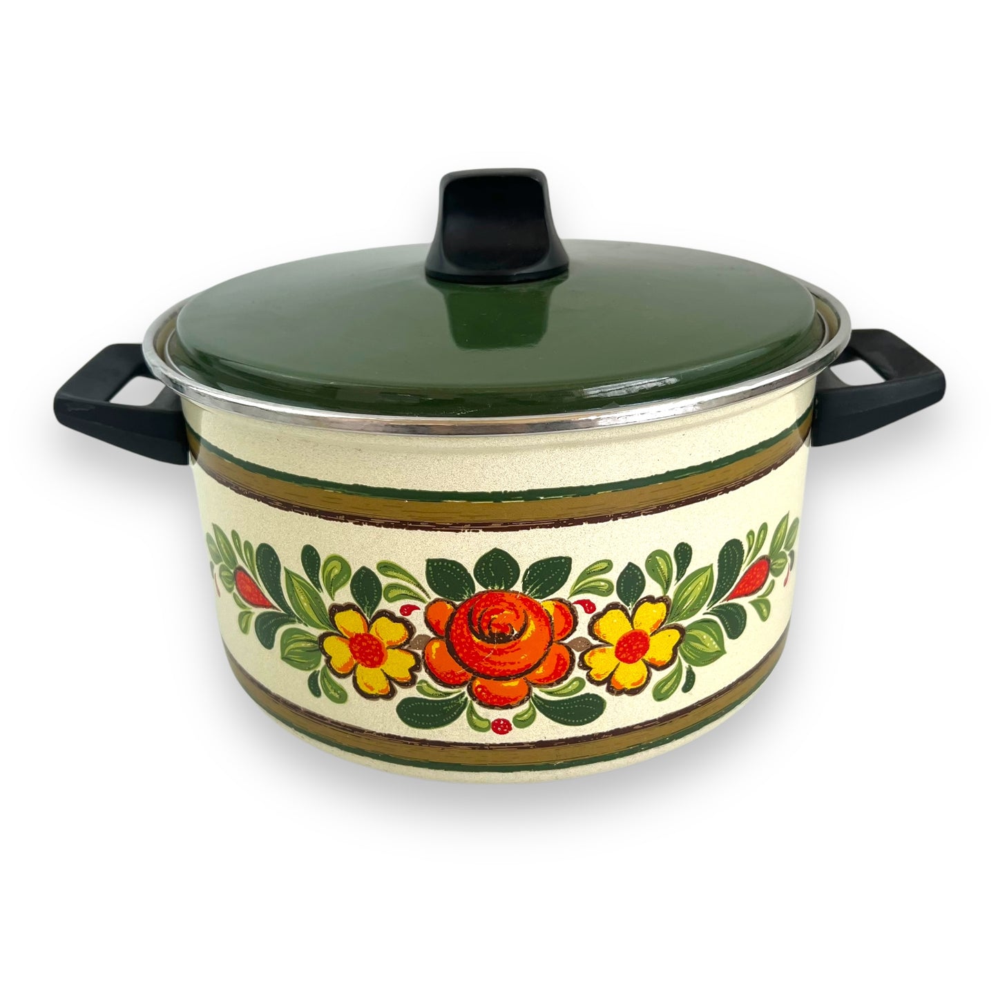 Enamel Double Handle Saucepan Orange Yellow Flowers Pot with green lid