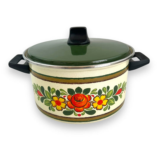 Enamel Double Handle Saucepan Orange Yellow Flowers Pot with green lid