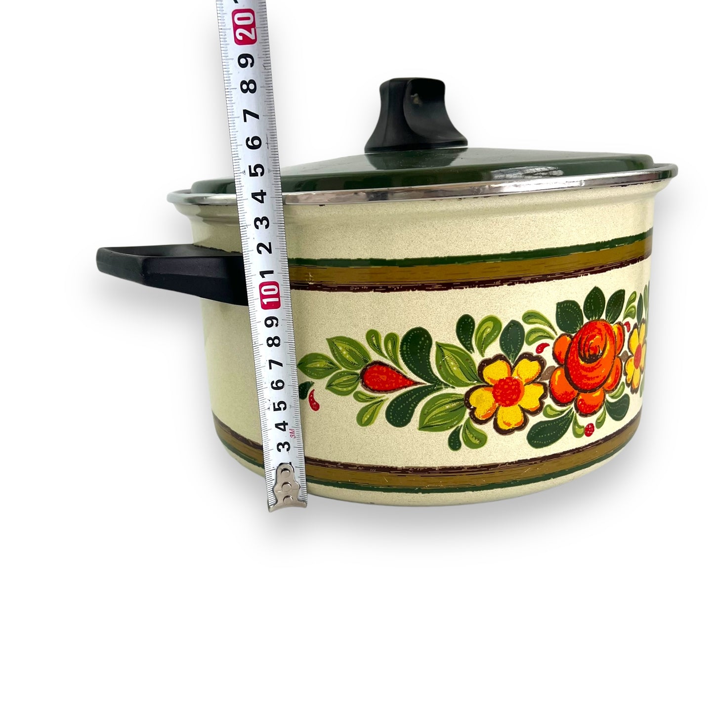 Enamel Double Handle Saucepan Orange Yellow Flowers Pot with green lid