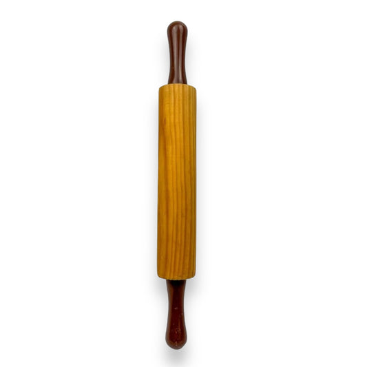 Wooden rolling pin with brown plastic handles