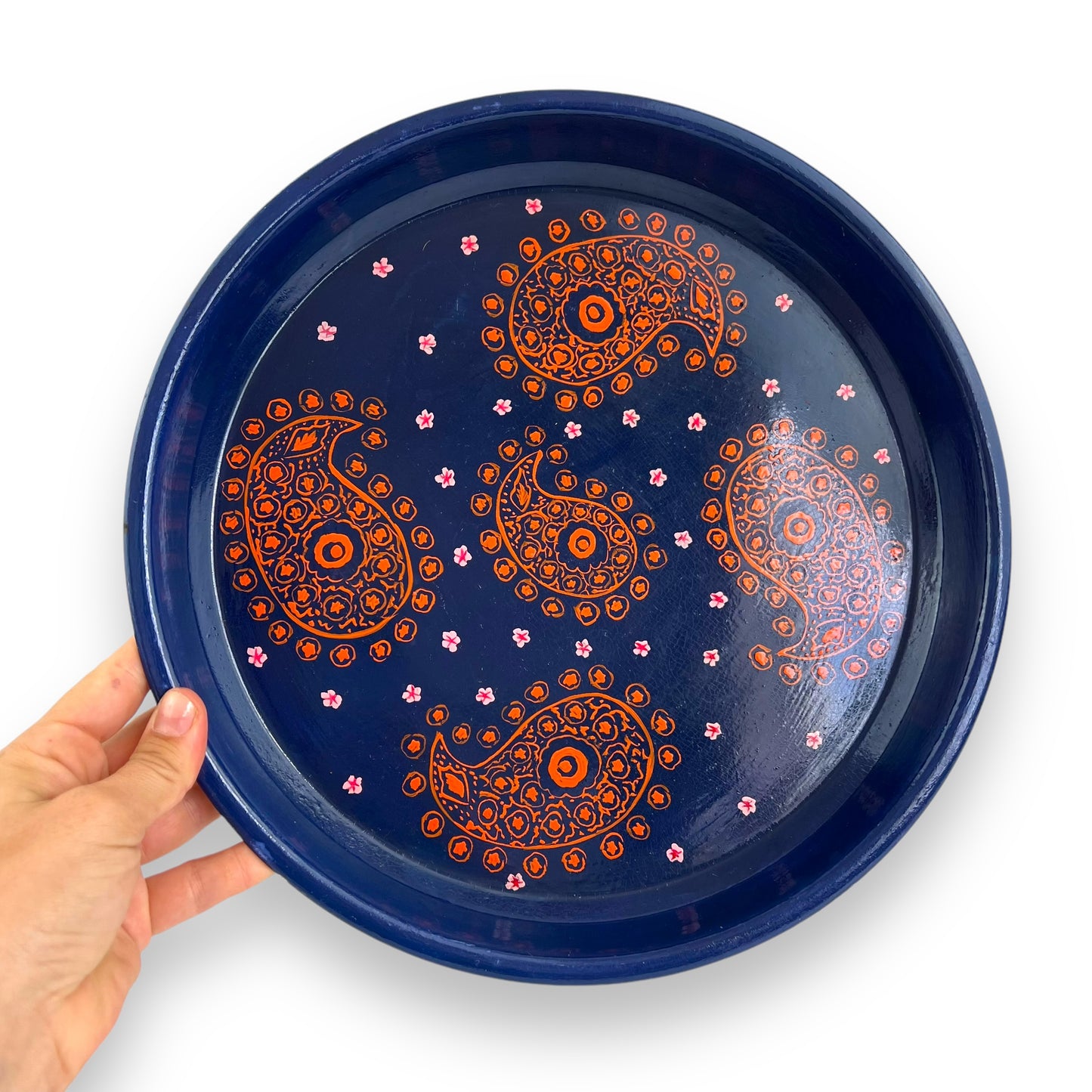 Blue metal tray with orange pattern