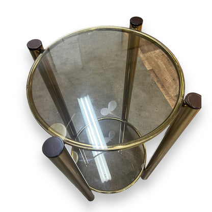 Brass Round Two Tier Stand with Smokey glass shelves