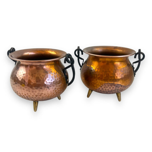 Hammered Copper Pair of Pots with Wrought Iron Handles