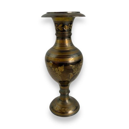 Brass vase with flowers and stripes pattern