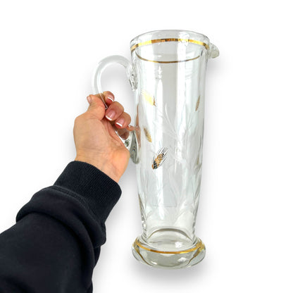 Large clear glass jug with gold wheat design