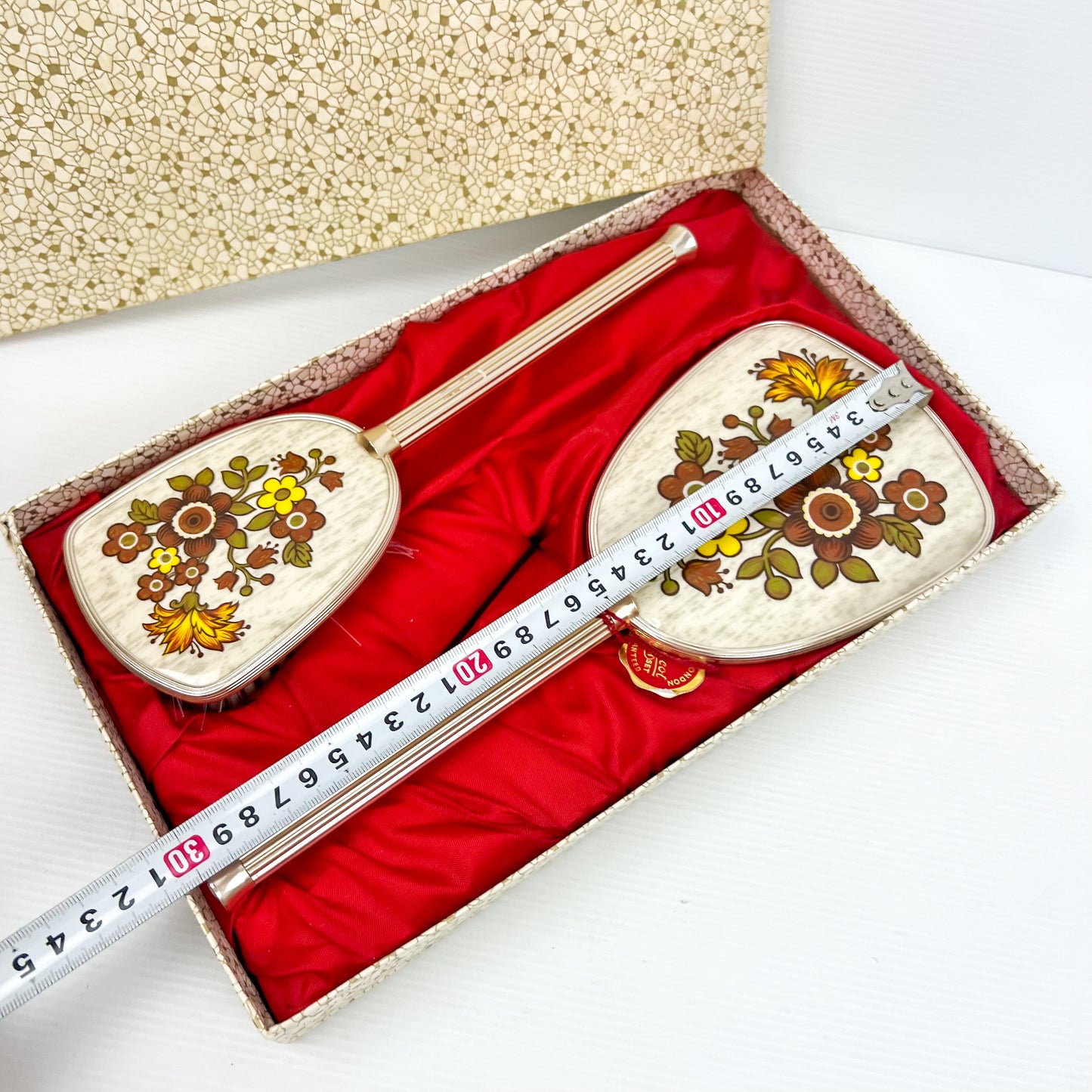 Vintage Brush & Mirror Vanity Set in Gift Box with retro flower pattern - Made in England