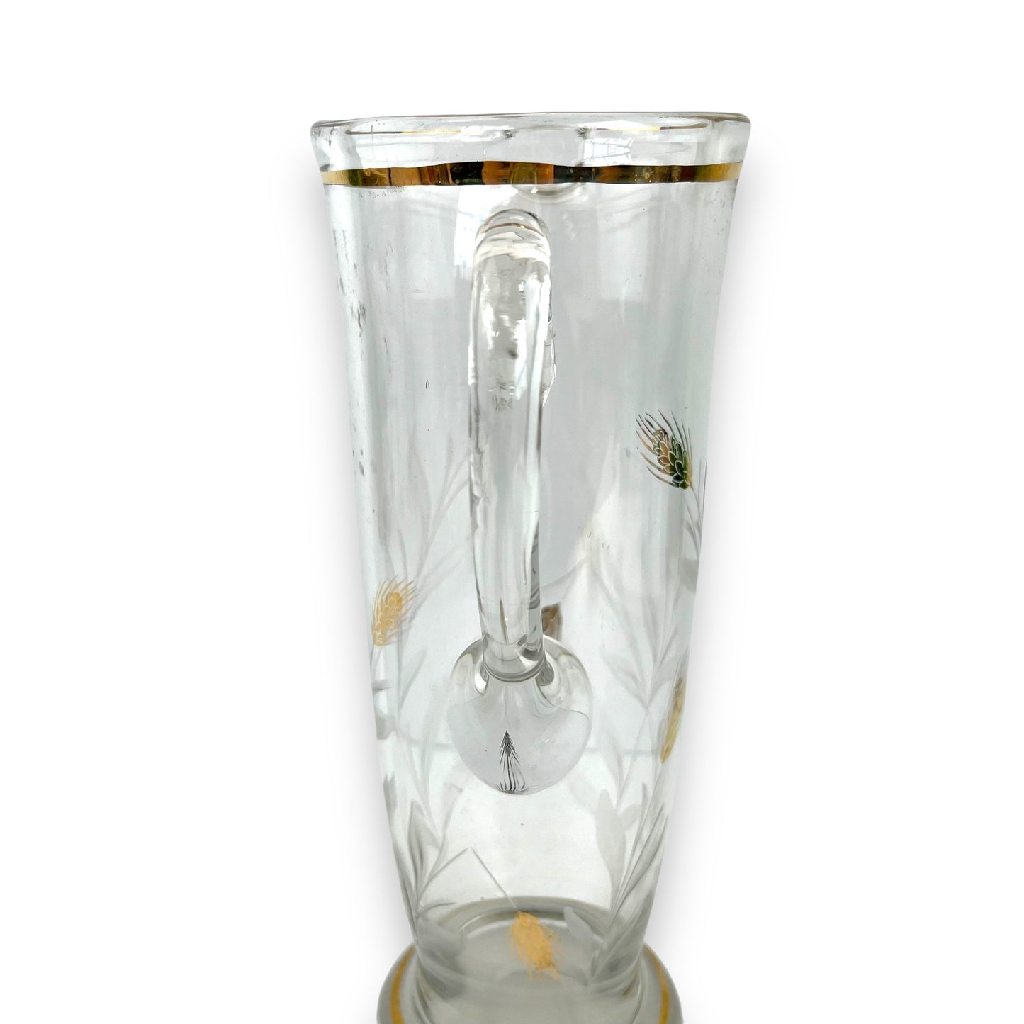 Large clear glass jug with gold wheat design