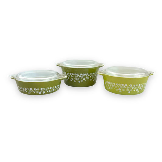 Pyrex Spring Blossom Green Casserole Dish Set of 3 with Lids - Made in USA - 1970s Retro Cookware