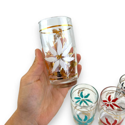 Colourful flower pattern glass set: white, green, red & black