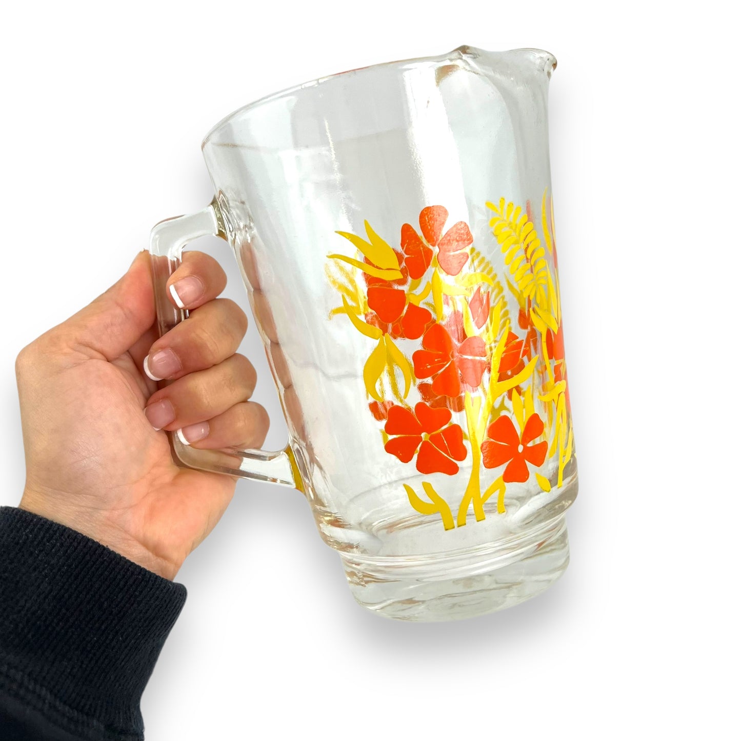 Orange & yellow flower clear glass jug