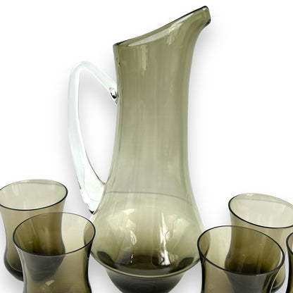 Smokey black glass carafe jug with 5 matching small glasses