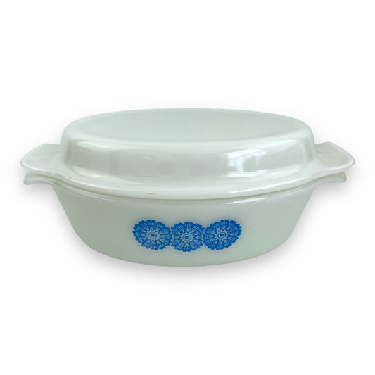 Anchor Hocking FireKing White Dish With Blue flower pattern and plain white lid - Made in USA