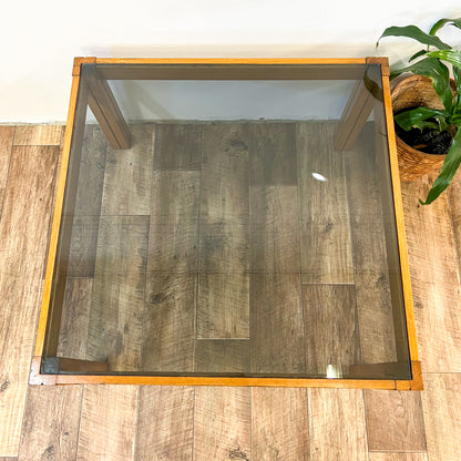 Large square wooden coffee table with Smokey glass top