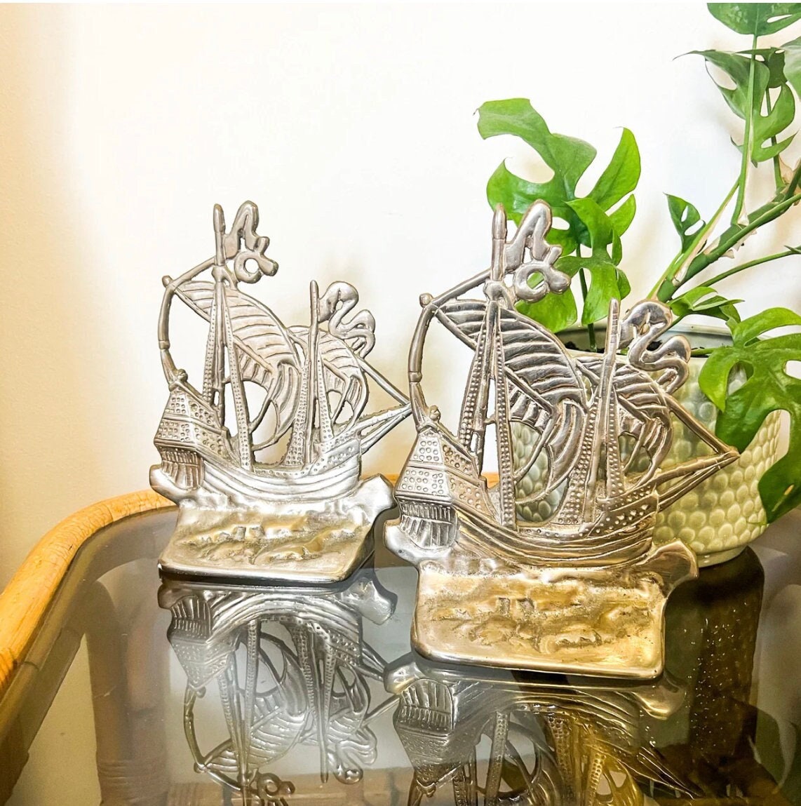 Silver Heavy Metal Ship Bookend Set