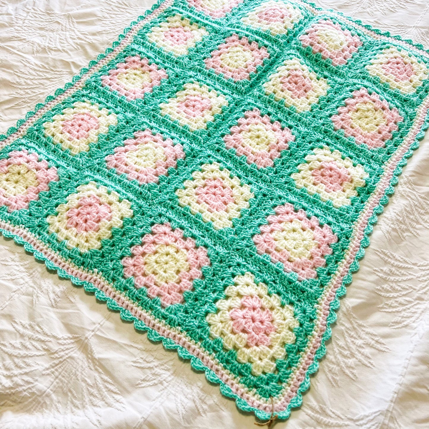 Baby Blanket Crochet Pink, Aqua, and White Square Pattern 70x58cm